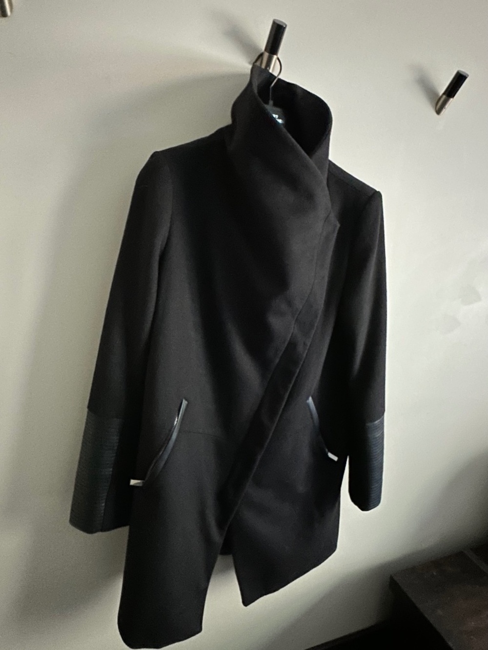 Badgley Mischka Black Wool Coat with Leather Trim Accents
